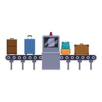 Luggage passing through security scanner on conveyor belt at airport terminal vector