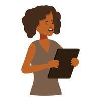 Smiling businesswoman holding tablet and talking during presentation vector