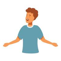 Happy teenager boy showing or presenting something with open arms and smiling face vector