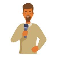 Confident journalist speaking into microphone during interview or press conference vector