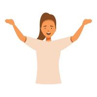Happy woman raising hands and smiling, showing enthusiasm and joy vector