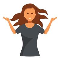 Smiling woman balancing and feeling freedom with open arms and hair blowing in the wind vector