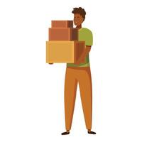 Smiling delivery man holding stack of cardboard boxes vector