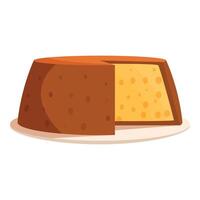 Round cheese wheel with a slice cut out, resting on a plate, showing the texture and color of the cheese vector