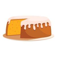 Delicious round cake with white icing and a missing slice on a plate vector