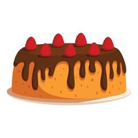 Delicious round cake with chocolate icing and raspberries topping vector