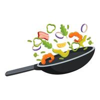 Wok tossing with shrimps, vegetables and bacon, cooking a healthy meal vector