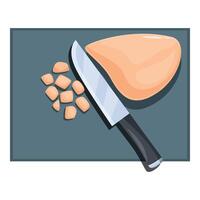 Chef cutting chicken breast into cubes on cutting board with knife vector