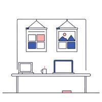 Glossy Creative Office Setup with Colorful Artwork on the Walls concept as A glossy office background featuring a clean desk with colorful artwork hanging on the walls. The vibrant vector