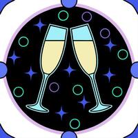 Futuristic LED Champagne Toast concept as A close up of LED lit champagne glasses clinking in a high tech setting with holographic decorations camera slowly zooms to capture the vi vector