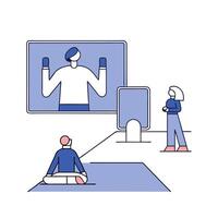 Futuristic Fitness Class with AI Coach concept as A macro shot of fitness participants using AI driven wearable devices while interacting with a virtual coach. The camera captures vector