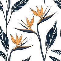 Stunning Botanical Bird of Paradise Seamless Pattern Detailed Petals and Lush Green Stems on White Background Perfect for Natural Themed Designs with Space for Customization vector