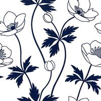 Seamless Botanical Anemone Pattern with Green Stems on White Background vector