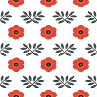 Bohemian poppy seamless tile pattern with vibrant red blooms and intricate leaf details on white background ideal for eclectic spaces vector