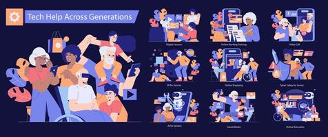 Tech Help Across Generations. Flat Illustration vector