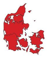 Denmark Red map with border of regions outline vector