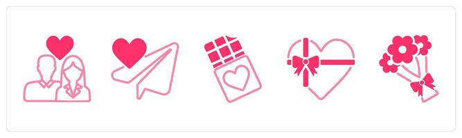 A set of 5 valentines day icons as couple, message, chocolate vector