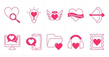 A set of 10 Valentines Day icons as find love, love idea, flying heart vector