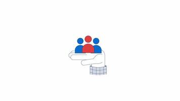 Hand holding three symbolic human figures 2D animation. Supporting teamwork, leadership cartoon flat 4K , alpha channel. Team management unity animated arm isolated on white background video