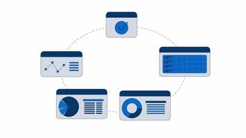 Interconnected circular business dashboard workflow 2D objects animation. Data integration, analysis cartoon 4K , alpha channel. Information management animated flat items on white background video