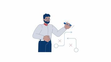 African american businessman designing strategy with flowchart 2D character animation. Planning cartoon 4K , alpha channel. Decision-making business black man animated person on white background video