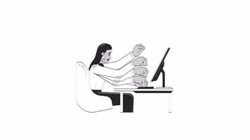 Overwhelmed professional woman multitasking at desk outline hand drawn 2D character animation. Multiple arms typing keyboard doodle drawing 4K . Employee animated person handdrawn isolated video
