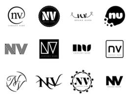 NV logo company template. Letter n and v logotype. Set different classic serif lettering and modern bold text with design elements. Initial font typography. vector