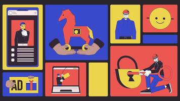 Cyber thefts animated bento grid layout. Steal scammers. Fraudster cyberattack. Hacker phishing, fraud identity 2D animation flat cartoon ui collage design. 4K motion graphic collection video