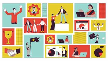 Corporate workers success animated bento grid layout. Team leader teamwork, pie charts. Remote employees laptops 2D animation flat cartoon ui collage design. 4K motion graphic collection video