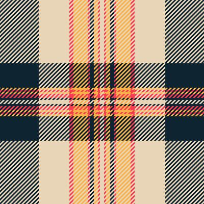 Stylish abstract plaid pattern featuring diagonal stripes in beige, navy, yellow, and coral. Ideal for fashion, textiles, website backgrounds, or any design needing a modern geometric texture.