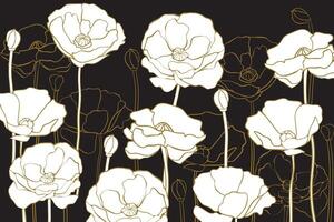 Abstract wildflowers line art golden pattern with dark background vector