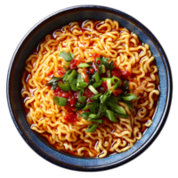 bowl of ramen noodles captured in a flat lay showcasing its rich soup base wavy noodles and classic toppings ideal for food styling or visuals focused on Asian culinary traditions png