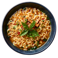 steaming bowl of Asian ramen noodles isolated in a top view highlighting its chewy texture rich soup and fresh toppings perfect for food visuals focused on authentic cuisine and comfort dining png