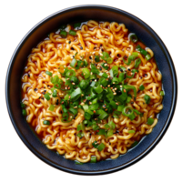 Ramen noodles in a bowl top view isolated featuring wavy noodles swimming in a savory broth and topped with authentic Asian ingredients perfect for visuals emphasizing traditional Japanese cuisine png