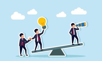 Businesspeople play on a seesaw, some observing with binoculars, one holding a lamp, and another supporting the lamp holder, illustration of analyzing competitor idea strategies vector