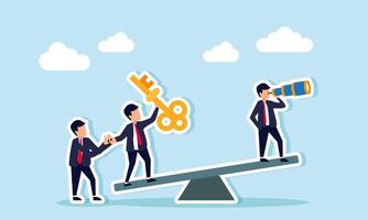 Businesspeople play on a seesaw, some observing with binoculars, one holding a key, and another support the lamp holder, illustration of analyze competitor problem-solving strategies vector