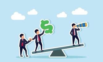 Businesspeople play on a seesaw, some observing with binoculars, one holding a dollar sign, and another support the lamp holder, illustration of analyzing competitor financial strategies vector