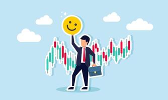 A businessman stands in front of a stick chart holding a happy emoticon, illustration of gaining positive market attention from purchasing a company's stock vector