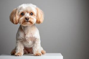 A sleek studio shot of a freshly groomed small dog with beige and white fur, exuding cleanliness and elegance. Perfect representation of professional pet grooming. . photo