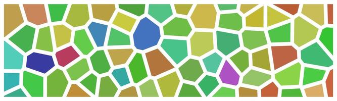 A colorful mosaic pattern with irregular polygonal shapes in shades of green, blue, yellow, and red, separated by white borders. Abstract and vibrant design. vector