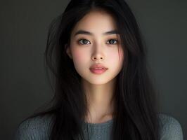 Captivating headshot of a young woman with mesmerizing eyes and flowing dark hair photo