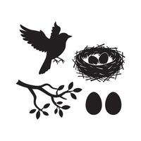 Silhouette of a Bird, Nest, and Eggs on a Branch vector