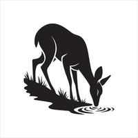 Silhouette of a deer drinking water at a tranquil waterhole. vector