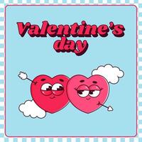Happy Valentines day poster with lovely heart characters with face, cupids arrow and clouds. Trendy retro groovy style. illustration vector