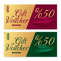 Set of gift vouchers template with background is red and green luxury podiums and golden text. Elegant promotion design. illustration on white background vector