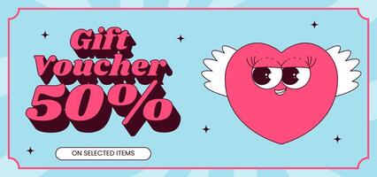 Gift voucher template. Cute character heart with face and wings in retro groovy style. Flat illustration, horizontal banner, poster vector