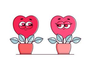 Retro characters hearts in groovy style. Couple in love, Lovely and psychedelic mascots with face in flower pot. Happy Valentines day. Isolated on white background vector