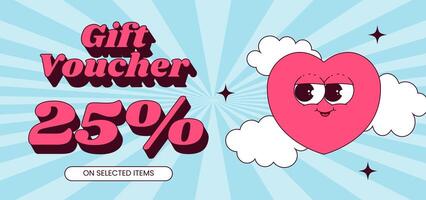 Gift voucher template. Cute character heart with face and clouds in retro groovy style. Flat illustration, banner, horizontal flyer vector
