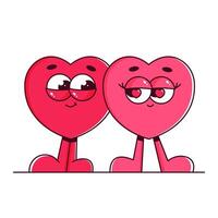 Cute characters hearts in retro groovy style. Couple in love. Lovely and psychedelic mascots with face. Happy Valentines day. Flat isolated on white background vector