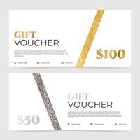 Set of white gift vouchers template with golden glitter element and text. Elegant classic promotion design. illustration on white background vector